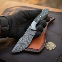 Load image into Gallery viewer, Damascus Charcoal Burl Resin Cowboy Knife with Wood Grain Blade
