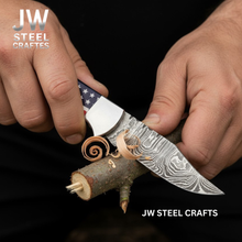 Load image into Gallery viewer, American Flag Damascus Folding Hunter with Ram Horn Handle