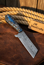 Load image into Gallery viewer, Western Bull Cutter 7” Knife – Damascus Ranch Blade with Blue Stabilized Handle &amp; Sheath
