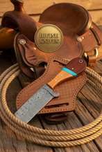 Load image into Gallery viewer, Turquoise Ridge Damascus Bull Cutter with Dual Tone Wood Handle