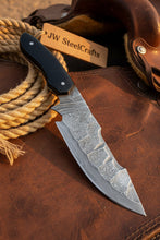 Load image into Gallery viewer, Damascus Field Knife 9” Blade Handmade Black Epoxy Resin Handle with Sheath