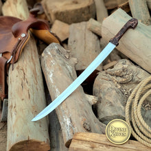 Load image into Gallery viewer, Bone Handle Damascus Knife with Handcrafted Tooled Sheath