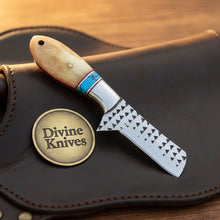 Load image into Gallery viewer, Turquoise &amp; Bone Rasp Bull Cutter Knife with Tooled Leather Sheath