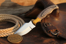 Load image into Gallery viewer, Yellow Accent Damascus Knife with Gray Wood Handle and Lanyard Hole