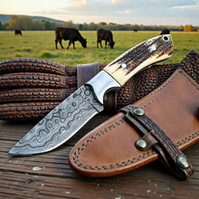 Load image into Gallery viewer, Damascus Cowboy Knife | Antler Handle | Pancake Leather Sheath