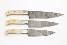 Load image into Gallery viewer, 3 Piece Damascus Kitchen Knife Set with Bone Handles, Slicing Carving and Chef Knives, Handmade Damascus Steel Professional Cooking Set
