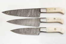 Load image into Gallery viewer, 3 Piece Damascus Kitchen Knife Set with Bone Handles, Slicing Carving and Chef Knives, Handmade Damascus Steel Professional Cooking Set