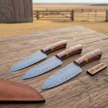 Load image into Gallery viewer, 3 Piece Feather Pattern Damascus Knife Set, Handmade Chef, Santoku and Utility Knives with Pakka Wood Handles, Professional Kitchen Cutlery Set JW SteelCrafts
