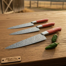 Load image into Gallery viewer, 3 Piece Handmade Damascus Kitchen Knife Set, Chef Knife, Utility Knife and Paring Knife, Red Pakka Wood Handle Professional Cutlery JW SteelCrafts