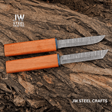 Load image into Gallery viewer, 3-Piece Handmade Knife Set — 5-Inch Damascus Utility Blades with Rosewood Handles &amp; Interlocking Scabbard
