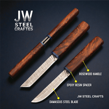 Load image into Gallery viewer, 3-Piece Handmade Knife Set — 5-Inch Damascus Utility Blades with Rosewood Handles &amp; Interlocking Scabbard