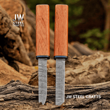 Load image into Gallery viewer, 3-Piece Handmade Knife Set — 5-Inch Damascus Utility Blades with Rosewood Handles &amp; Interlocking Scabbard