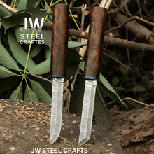 Load image into Gallery viewer, 3-Piece Handmade Knife Set — 5-Inch Damascus Utility Blades with Rosewood Handles &amp; Interlocking Scabbard