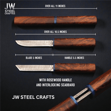 Load image into Gallery viewer, 3-Piece Handmade Knife Set — 5-Inch Damascus Utility Blades with Rosewood Handles &amp; Interlocking Scabbard
