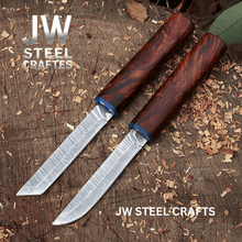 Load image into Gallery viewer, 3-Piece Handmade Knife Set — 5-Inch Damascus Utility Blades with Rosewood Handles &amp; Interlocking Scabbard