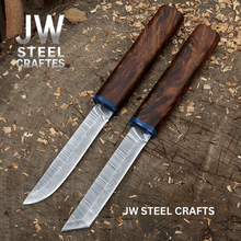 Load image into Gallery viewer, 3-Piece Handmade Knife Set — 5-Inch Damascus Utility Blades with Rosewood Handles &amp; Interlocking Scabbard