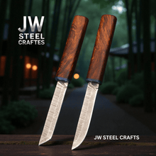 Load image into Gallery viewer, 3-Piece Handmade Knife Set — 5-Inch Damascus Utility Blades with Rosewood Handles &amp; Interlocking Scabbard