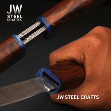 Load image into Gallery viewer, 3-Piece Handmade Knife Set — 5-Inch Damascus Utility Blades with Rosewood Handles &amp; Interlocking Scabbard