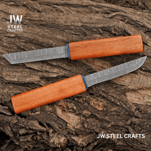 Load image into Gallery viewer, 3-Piece Handmade Knife Set — 5-Inch Damascus Utility Blades with Rosewood Handles &amp; Interlocking Scabbard
