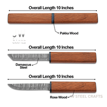Load image into Gallery viewer, 3-Piece Handmade Knife Set — 5-Inch Damascus Utility Blades with Rosewood Handles &amp; Interlocking Scabbard
