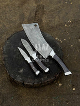 Load image into Gallery viewer, 3-Piece Handmade Steel Kitchen &amp; Outdoor Utility Knife Set – Dark Wood Handles