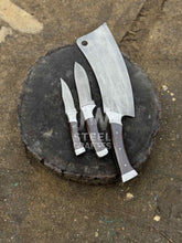 Load image into Gallery viewer, 3-Piece Handmade Steel Kitchen &amp; Outdoor Utility Knife Set – Dark Wood Handles