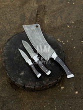 Load image into Gallery viewer, 3-Piece Handmade Steel Kitchen &amp; Outdoor Utility Knife Set – Dark Wood Handles