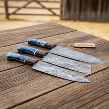 Load image into Gallery viewer, Handmade Damascus Steel Chef Knife Set, 3 Piece Kitchen Knife Set with Resin and Wood Handles, Professional Cooking Knives with Leather Roll, Custom Chef Gift Set JW SteelCrafts