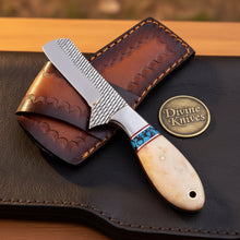 Load image into Gallery viewer, Turquoise &amp; Bone Rasp Bull Cutter Knife with Tooled Leather Sheath