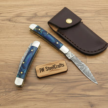 Load image into Gallery viewer, Custom Damascus Trapper Folding Knife – Blue Pakka Wood