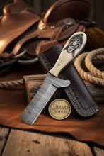 Load image into Gallery viewer, Scrimshaw Camel Bone Bull Cutter with Hand Engraved Bone Handle