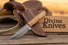 Load image into Gallery viewer, Natural Olive Wood Damascus Knife with Included Leather Sheath