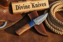 Load image into Gallery viewer, Two-Tone Blue Accent Damascus Knife with Warm Tan Wood Handle