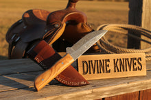 Load image into Gallery viewer, Natural Olive Wood Damascus Knife with Included Leather Sheath