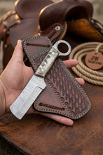 Load image into Gallery viewer, Finger Loop Prairie Bull Cutter 6.5" Handmade Damascus Steel Leather Crossdraw