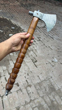 Load image into Gallery viewer, Hand Forged Damascus Smoking Axe with Ringed Hardwood Handle and Leather Sheath | JW SteelCrafts