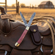 Load image into Gallery viewer, Backwoods Trapper Knife Two Blade Pink Bone Handle Steel Bolster Slip Joint