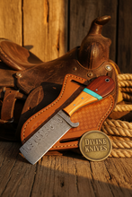 Load image into Gallery viewer, Turquoise Ridge Damascus Bull Cutter with Dual Tone Wood Handle