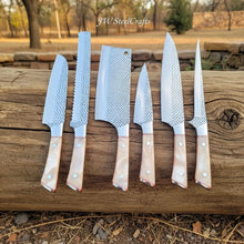 Load image into Gallery viewer, 6-Piece Rasp Steel Kitchen Knife Set — Dimple Textured Blades, Cream Resin Handles, Copper Bolsters &amp; Steel Pommels
