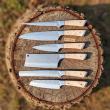 Load image into Gallery viewer, 6-Piece Rasp Steel Kitchen Knife Set — Dimple Textured Blades, Cream Resin Handles, Copper Bolsters &amp; Steel Pommels