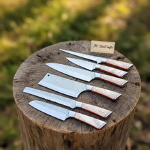 Load image into Gallery viewer, 6-Piece Rasp Steel Kitchen Knife Set — Dimple Textured Blades, Cream Resin Handles, Copper Bolsters &amp; Steel Pommels