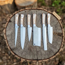 Load image into Gallery viewer, 6-Piece Rasp Steel Kitchen Knife Set — Dimple Textured Blades, Cream Resin Handles, Copper Bolsters &amp; Steel Pommels