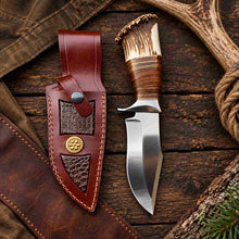 Load image into Gallery viewer, Handcrafted D2 Hunting Knife with Stag Antler Handle and Custom Leather Sheath