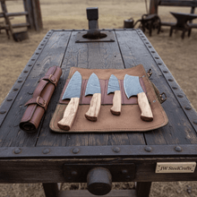 Load image into Gallery viewer, 4 Piece Damascus Kitchen Knife Set with Olive Wood Handles and Leather Roll, Chef Santoku Utility and Cleaver Handmade Cooking Knives