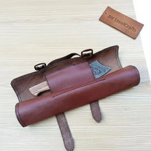 Load image into Gallery viewer, 4 Piece Damascus Kitchen Knife Set with Olive Wood Handles and Leather Roll, Chef Santoku Utility and Cleaver Handmade Cooking Knives
