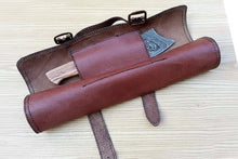 Load image into Gallery viewer, 4 Piece Damascus Kitchen Knife Set with Olive Wood Handles and Leather Roll, Chef Santoku Utility and Cleaver Handmade Cooking Knives