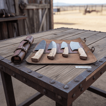 Load image into Gallery viewer, 4 Piece Damascus Kitchen Knife Set with Olive Wood Handles and Leather Roll, Chef Santoku Utility and Cleaver Handmade Cooking Knives