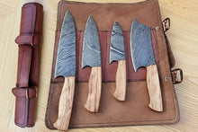 Load image into Gallery viewer, 4 Piece Damascus Kitchen Knife Set with Olive Wood Handles and Leather Roll, Chef Santoku Utility and Cleaver Handmade Cooking Knives