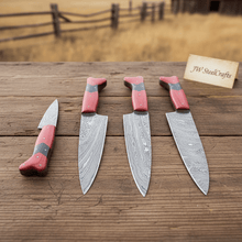 Load image into Gallery viewer, Handmade Red Wood Handle Damascus Kitchen Knife Set - 4 Piece Carving Chef Utility