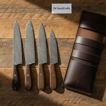 Load image into Gallery viewer, Handmade Damascus Steel Knife Set with Leather Roll, Rosewood Handle Kitchen Collection